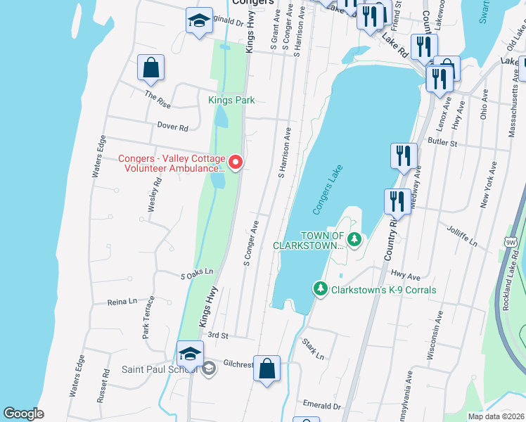 map of restaurants, bars, coffee shops, grocery stores, and more near 156 South Conger Avenue in Congers