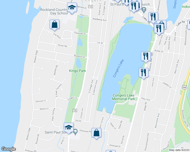map of restaurants, bars, coffee shops, grocery stores, and more near 147 South Conger Avenue in Congers