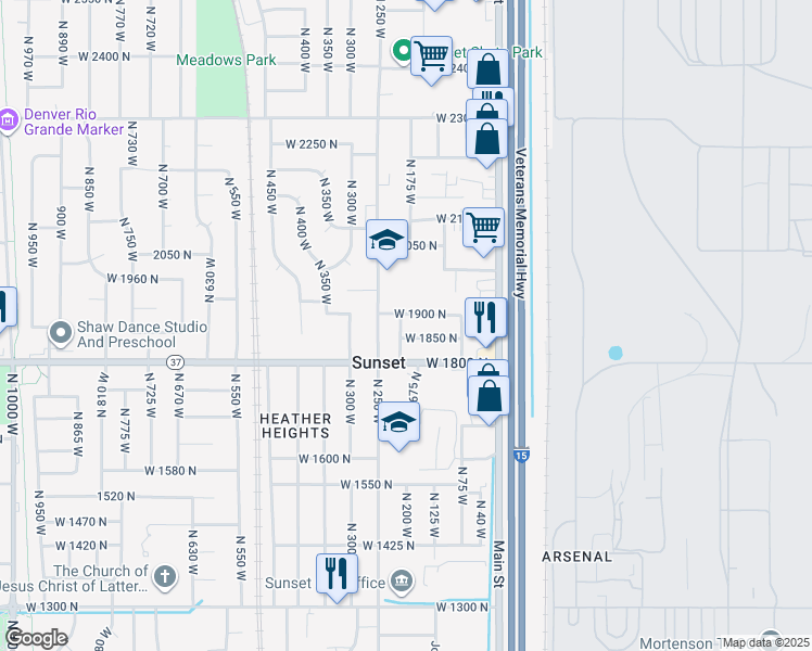 map of restaurants, bars, coffee shops, grocery stores, and more near 1874 North 200 West in Sunset