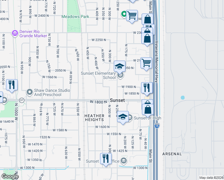 map of restaurants, bars, coffee shops, grocery stores, and more near 1874 North 300 West in Sunset