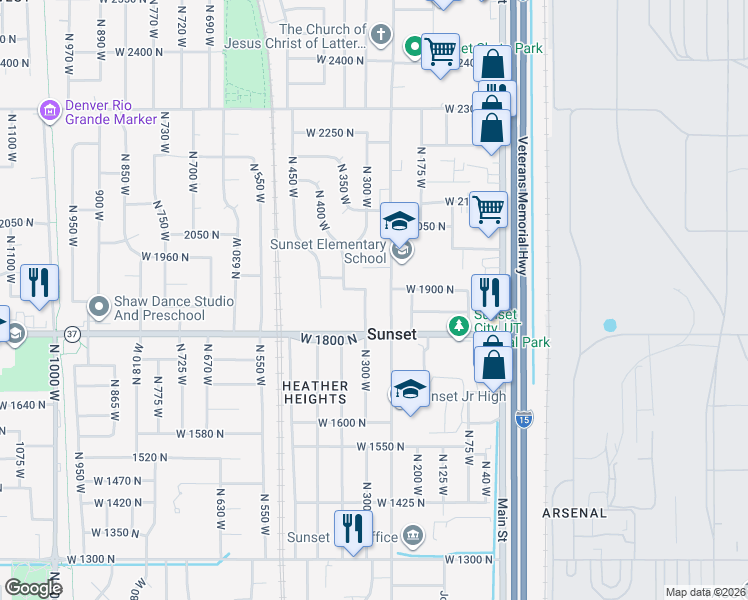 map of restaurants, bars, coffee shops, grocery stores, and more near 1856 North 300 West in Sunset