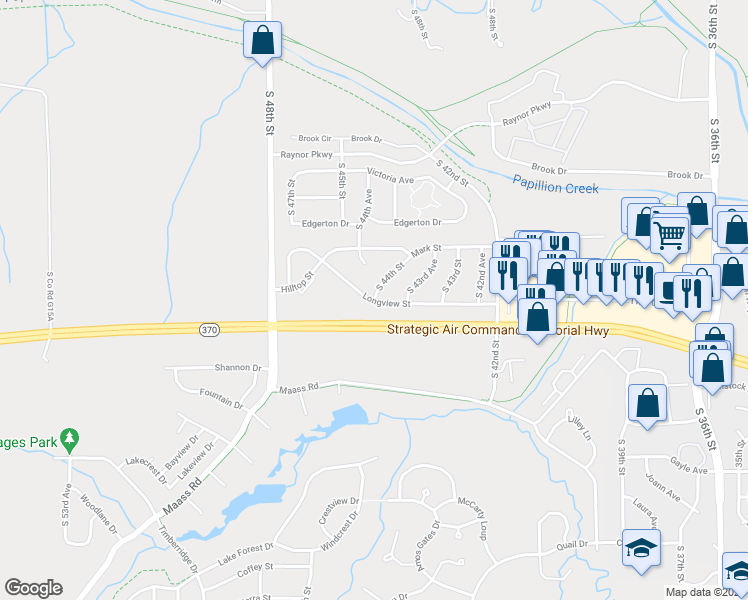 map of restaurants, bars, coffee shops, grocery stores, and more near 12012 South 44th Street in Bellevue