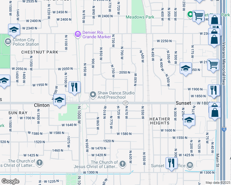 map of restaurants, bars, coffee shops, grocery stores, and more near 1874 North 750 West in Clinton