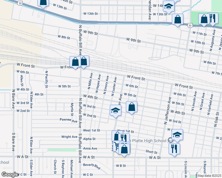 map of restaurants, bars, coffee shops, grocery stores, and more near 2014 West 5th Street in North Platte