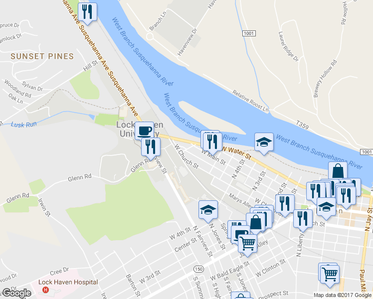 map of restaurants, bars, coffee shops, grocery stores, and more near 6th Street in Lock Haven
