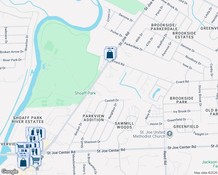 map of restaurants, bars, coffee shops, grocery stores, and more near 6500 Saint Joe Road in Fort Wayne