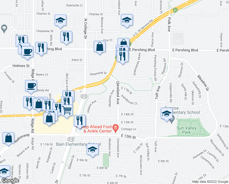 map of restaurants, bars, coffee shops, grocery stores, and more near 1616 Cleveland Ave in Cheyenne