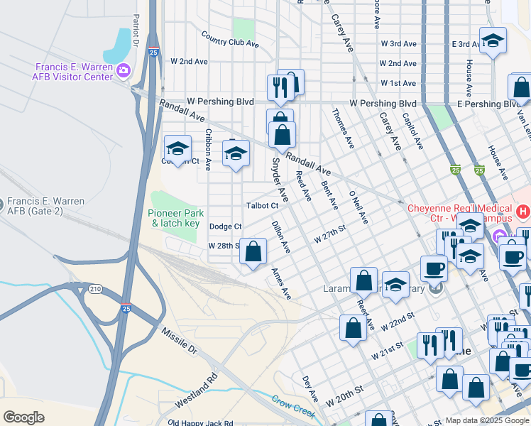 map of restaurants, bars, coffee shops, grocery stores, and more near 2816 Dillon Avenue in Cheyenne