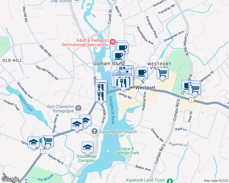 map of restaurants, bars, coffee shops, grocery stores, and more near 14 Post Road East in Westport