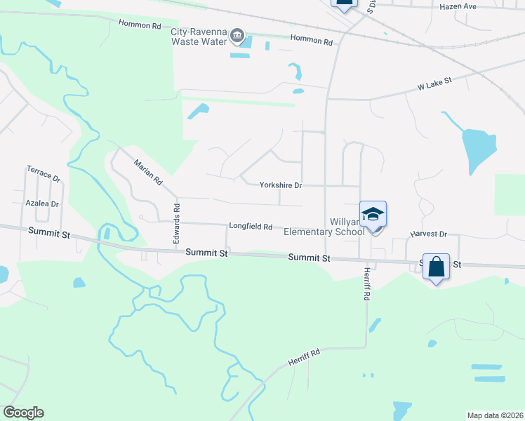 map of restaurants, bars, coffee shops, grocery stores, and more near 3681 Longfield Road in Ravenna