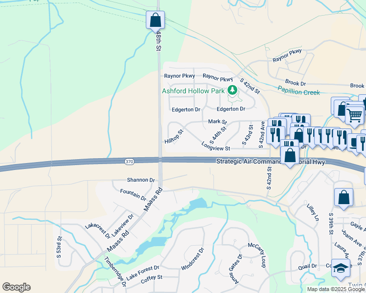 map of restaurants, bars, coffee shops, grocery stores, and more near 4300-4754 Strategic Air Command Memorial Highway in Papillion