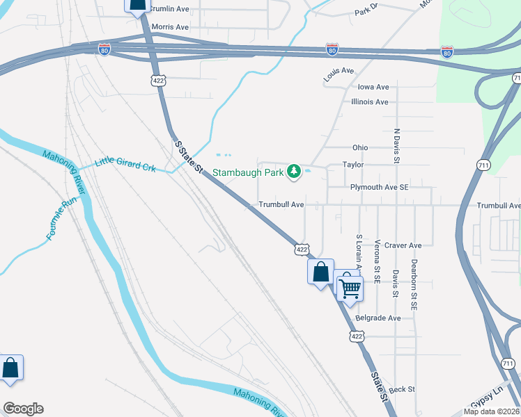 map of restaurants, bars, coffee shops, grocery stores, and more near 1225 Warren Youngstown Rd in Girard