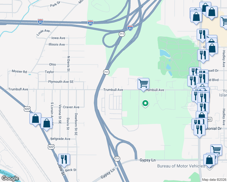 map of restaurants, bars, coffee shops, grocery stores, and more near 709 Trumbull Avenue in Girard