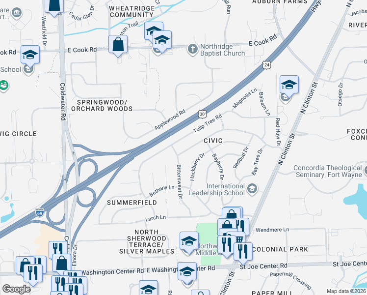 map of restaurants, bars, coffee shops, grocery stores, and more near 6701 Bittersweet Drive in Fort Wayne