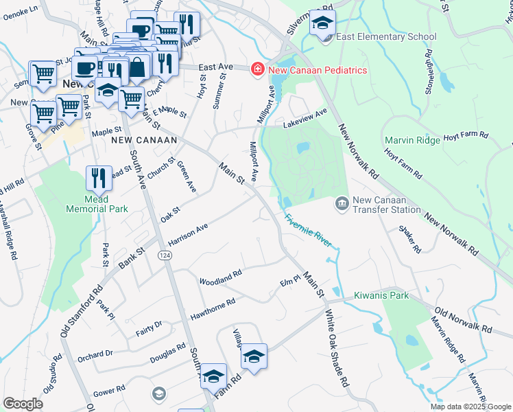 map of restaurants, bars, coffee shops, grocery stores, and more near 373 Main Street in New Canaan