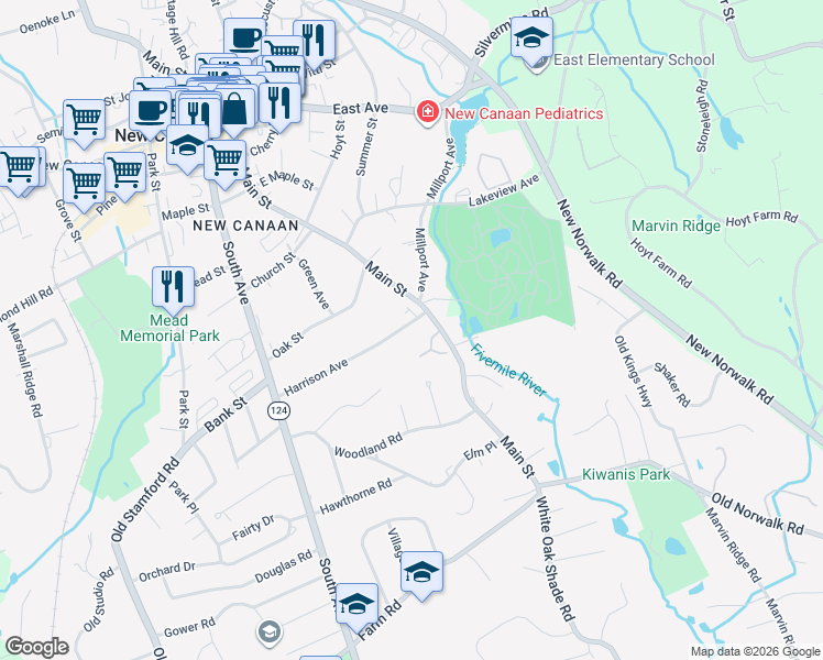 map of restaurants, bars, coffee shops, grocery stores, and more near 127 Harrison Avenue in New Canaan