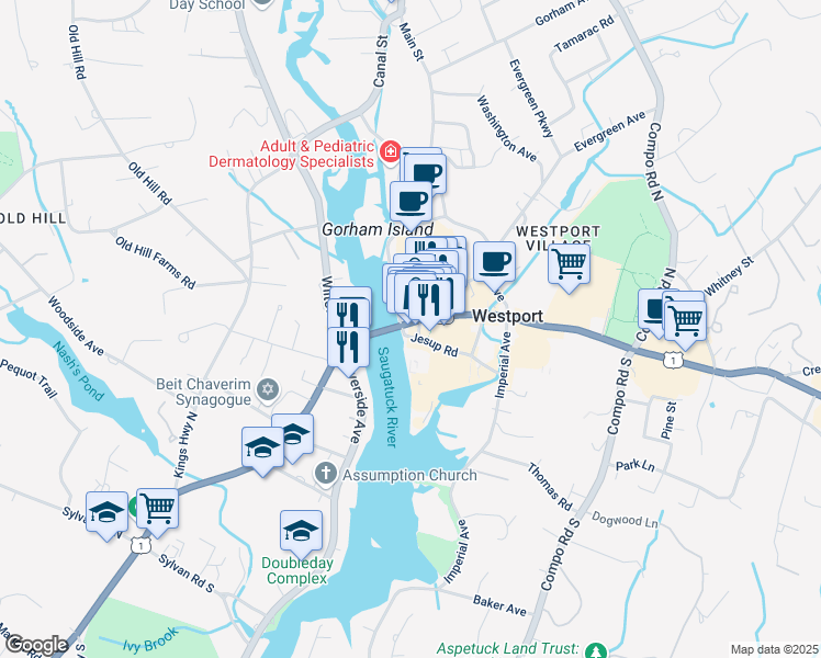 map of restaurants, bars, coffee shops, grocery stores, and more near 14 Post Road East in Westport
