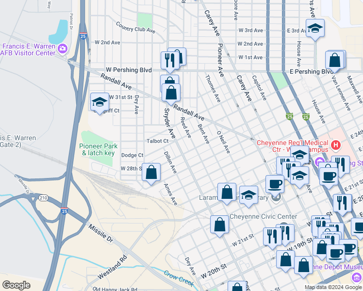map of restaurants, bars, coffee shops, grocery stores, and more near 2813 Snyder Avenue in Cheyenne