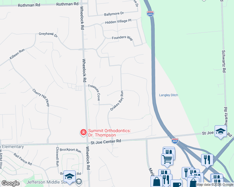 map of restaurants, bars, coffee shops, grocery stores, and more near 6317 Drakes Bay Run in Fort Wayne