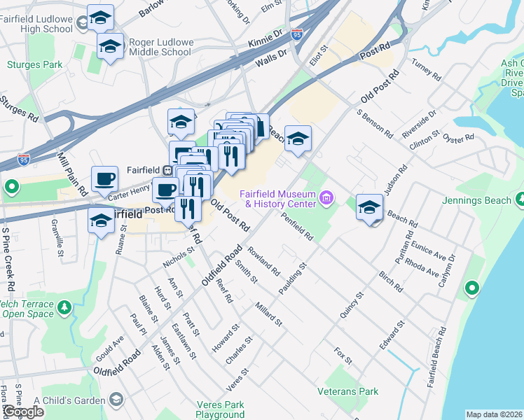 map of restaurants, bars, coffee shops, grocery stores, and more near 808 Old Post Road in Fairfield