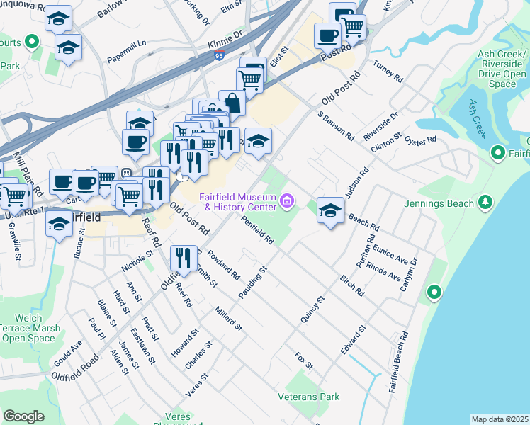 map of restaurants, bars, coffee shops, grocery stores, and more near 725 Old Post Road in Fairfield