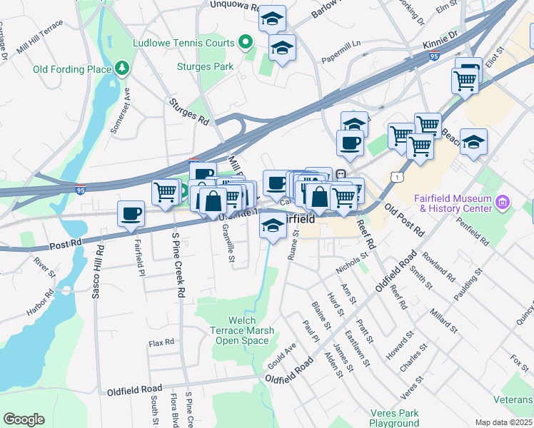 map of restaurants, bars, coffee shops, grocery stores, and more near 49 Thorpe Street in Fairfield