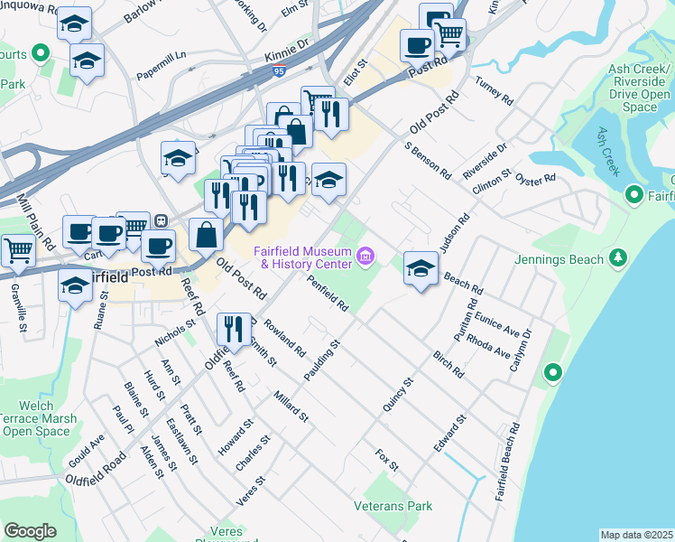 map of restaurants, bars, coffee shops, grocery stores, and more near 725 Old Post Road in Fairfield