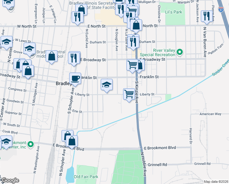map of restaurants, bars, coffee shops, grocery stores, and more near 301 South Douglas Drive in Bradley