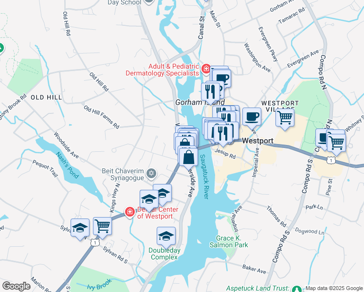 map of restaurants, bars, coffee shops, grocery stores, and more near 16 Wilton Road in Westport