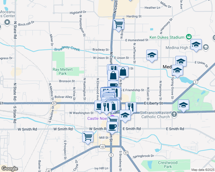 map of restaurants, bars, coffee shops, grocery stores, and more near 139 North Court Street in Medina