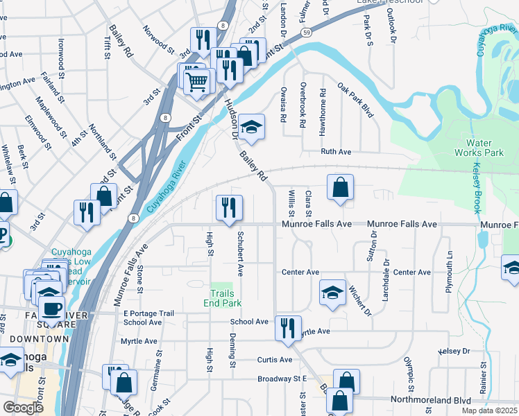 map of restaurants, bars, coffee shops, grocery stores, and more near 915 Munroe Falls Avenue in Cuyahoga Falls