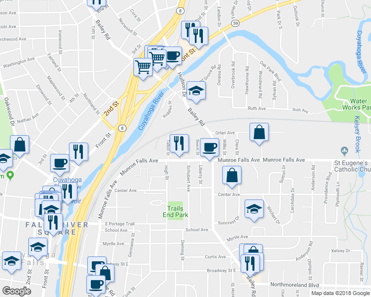 map of restaurants, bars, coffee shops, grocery stores, and more near 781 Munroe Falls Avenue in Cuyahoga Falls