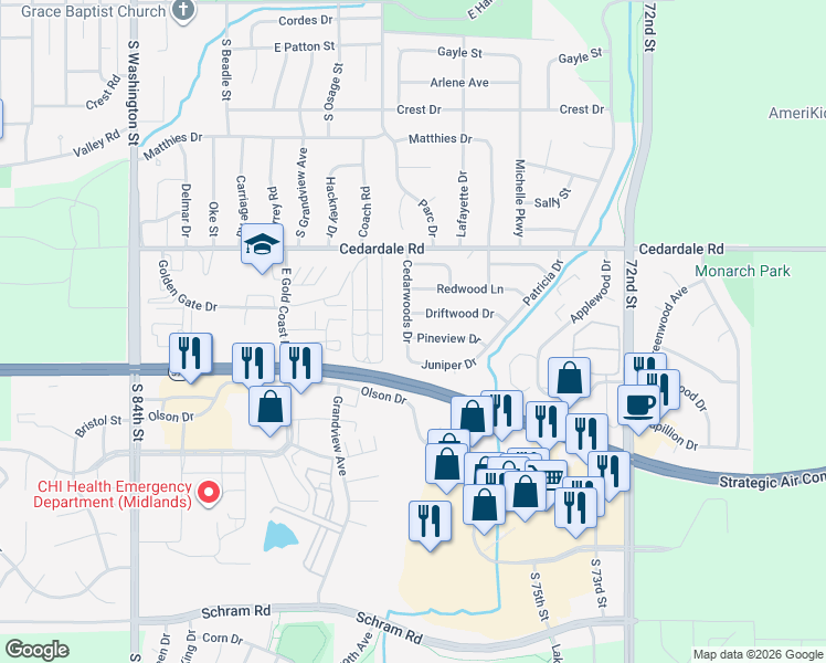 map of restaurants, bars, coffee shops, grocery stores, and more near 806 Juniper Drive in Papillion