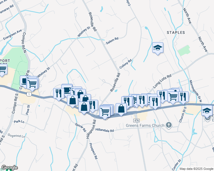 map of restaurants, bars, coffee shops, grocery stores, and more near 1 Marc Lane in Westport