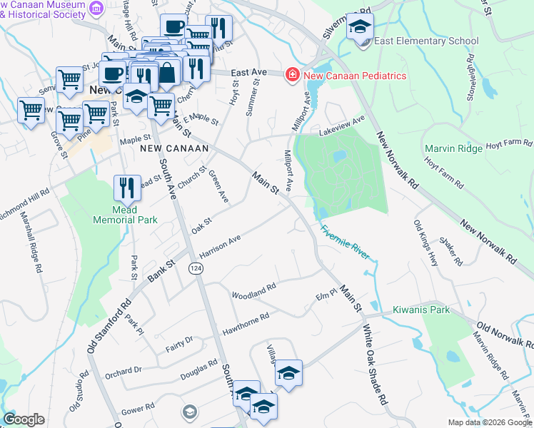 map of restaurants, bars, coffee shops, grocery stores, and more near 114 Harrison Avenue in New Canaan