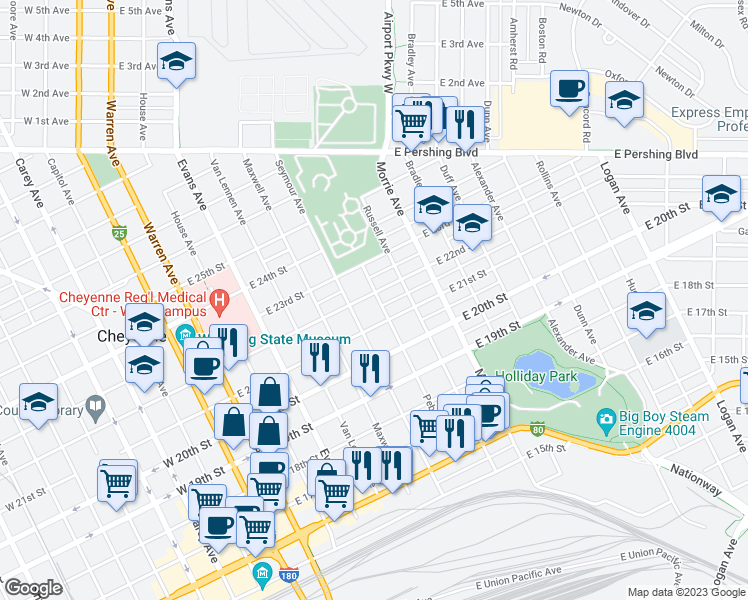 map of restaurants, bars, coffee shops, grocery stores, and more near 715 East 22nd Street in Cheyenne