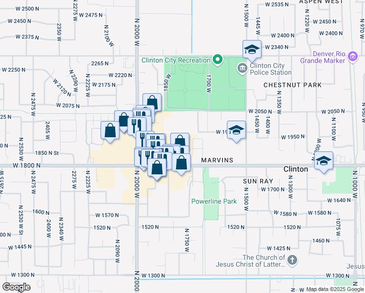 map of restaurants, bars, coffee shops, grocery stores, and more near 1814 West 1800 North in Clinton