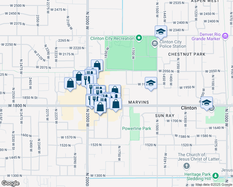 map of restaurants, bars, coffee shops, grocery stores, and more near 1814 West 1800 North in Clinton