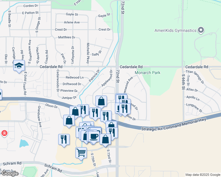 map of restaurants, bars, coffee shops, grocery stores, and more near 10976 South 72nd Street in Papillion