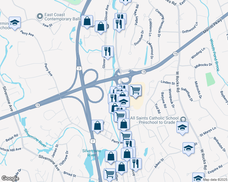 map of restaurants, bars, coffee shops, grocery stores, and more near 383 Main Avenue in Norwalk