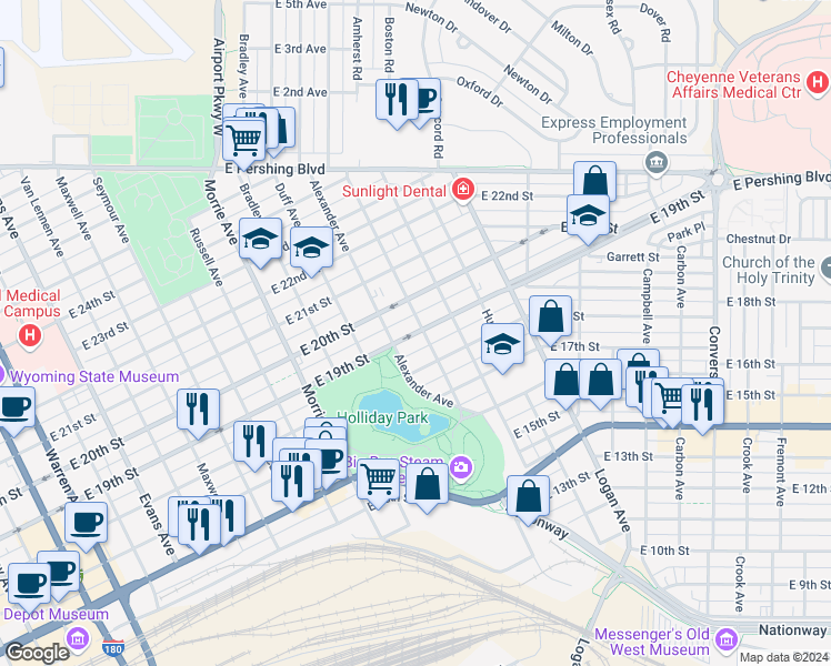 map of restaurants, bars, coffee shops, grocery stores, and more near 1322 East 19th Street in Cheyenne