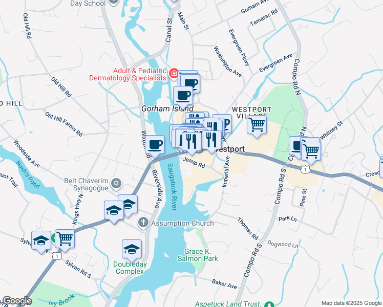 map of restaurants, bars, coffee shops, grocery stores, and more near 45 Jesup Road in Westport