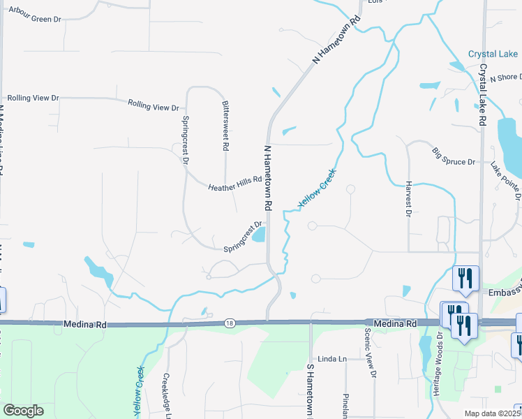 map of restaurants, bars, coffee shops, grocery stores, and more near 188 North Hametown Road in Akron