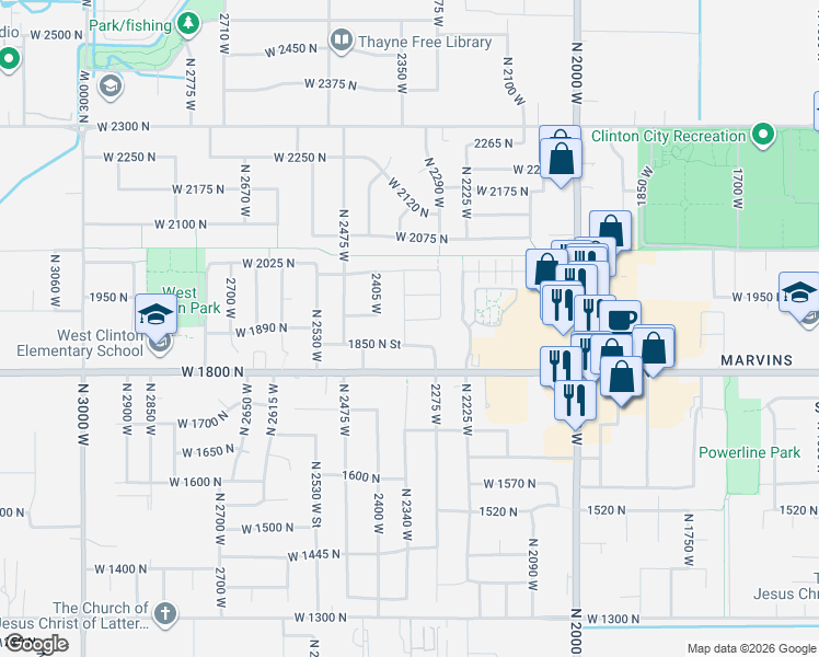 map of restaurants, bars, coffee shops, grocery stores, and more near 1881 North 2350 West in Clinton
