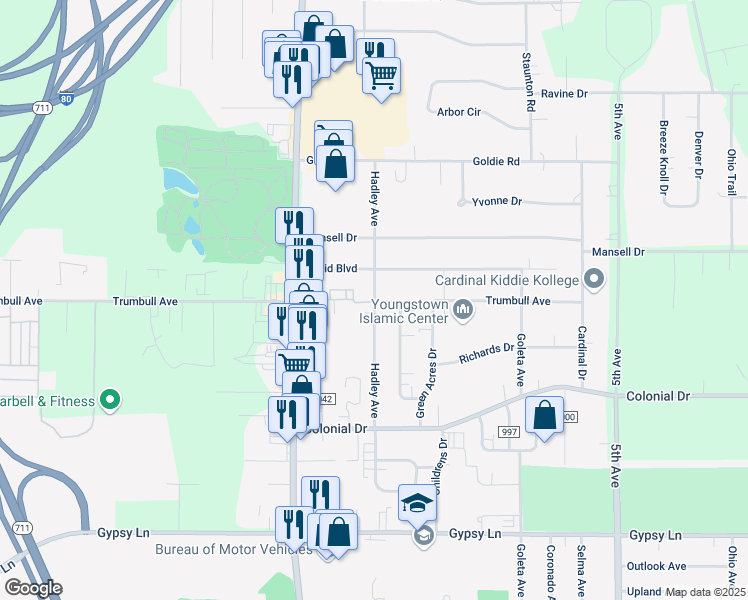 map of restaurants, bars, coffee shops, grocery stores, and more near 3200 Hadley Avenue in Youngstown