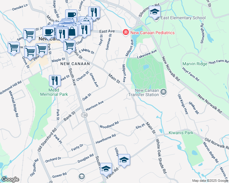 map of restaurants, bars, coffee shops, grocery stores, and more near 99 Harrison Avenue in New Canaan