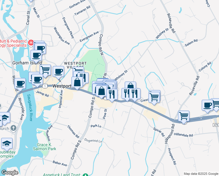 map of restaurants, bars, coffee shops, grocery stores, and more near 413 Post Road East in Westport