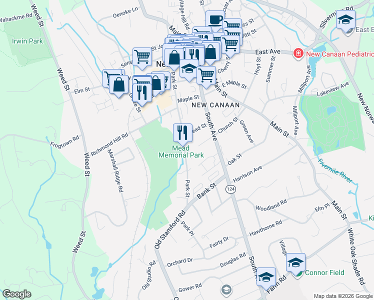 map of restaurants, bars, coffee shops, grocery stores, and more near 264 Park Street in New Canaan