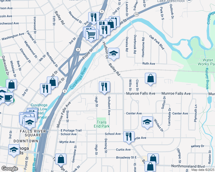 map of restaurants, bars, coffee shops, grocery stores, and more near 781 Munroe Falls Avenue in Cuyahoga Falls