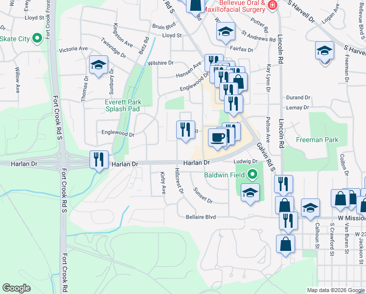 map of restaurants, bars, coffee shops, grocery stores, and more near 1902 Harlan Drive in Bellevue